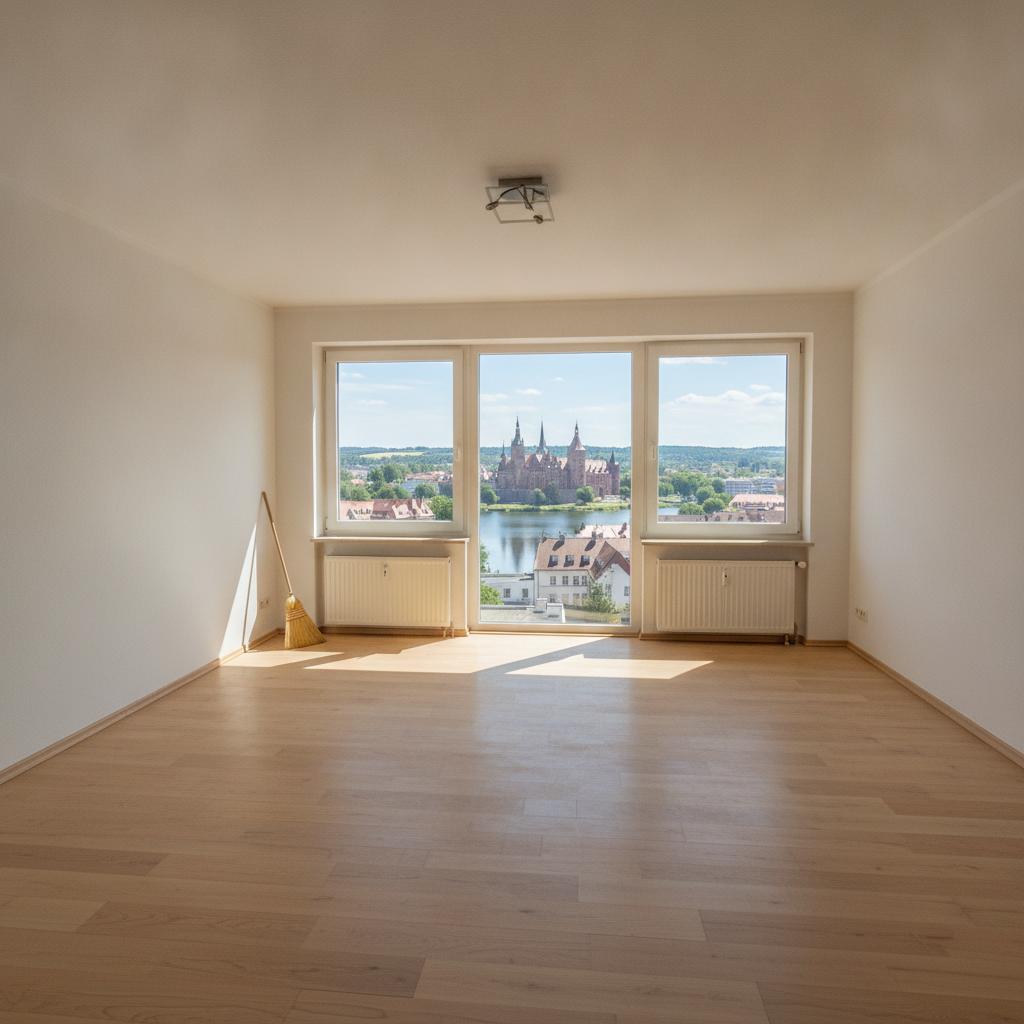 Leeres Zimmer mit Parkettboden und Fensterblick auf die Stadt