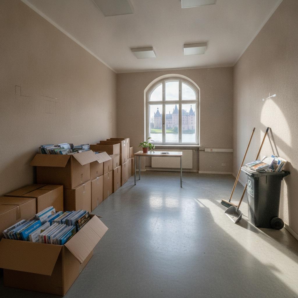 Kartons mit Prospekten in einem Raum mit Bogenfenster und Mülltonne
