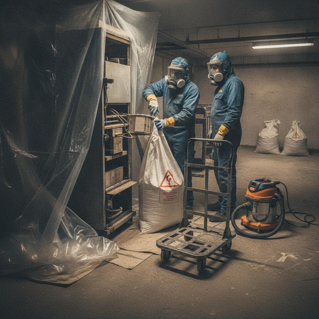 Zwei Arbeiter in Schutzanzügen entfernen einen Nachtspeicherofen mit Industriestaubsauger