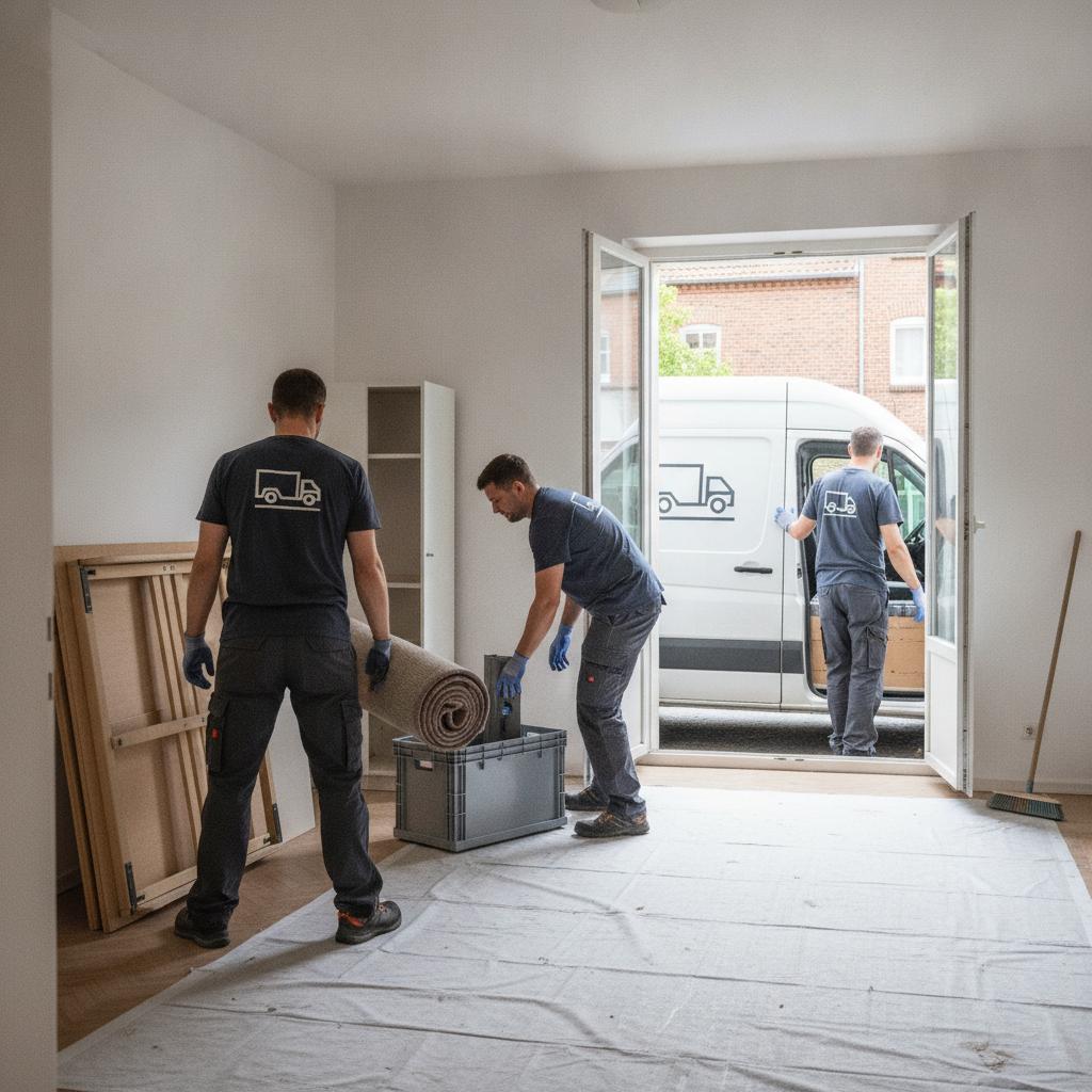 Zwei Mitarbeiter räumen eine Wohnung aus, Lieferwagen vor der Tür