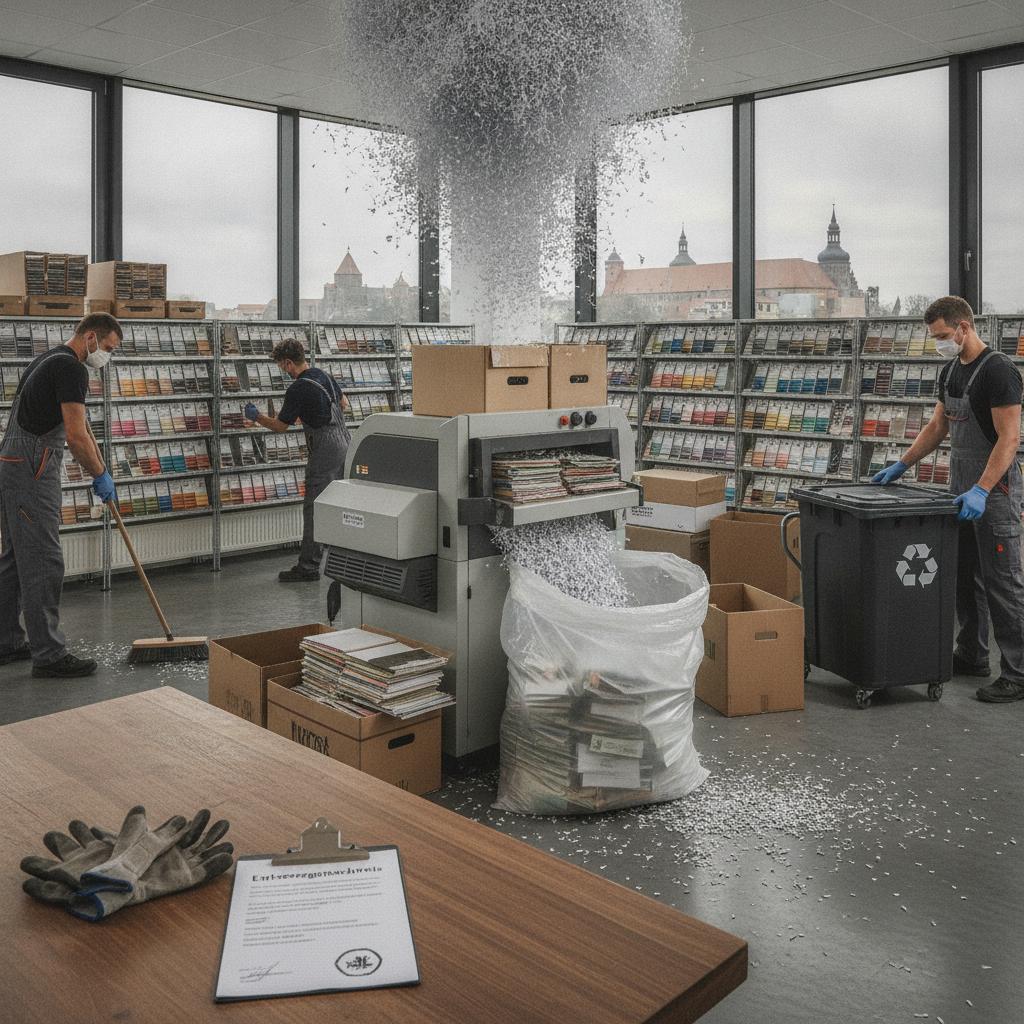 Team schreddert Papierunterlagen in einem Büro, Papierschnipsel wirbeln durch die Luft