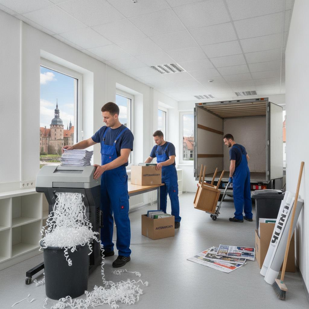 Mitarbeiter schreddert Akten in einem Büro, im Hintergrund ein Lkw